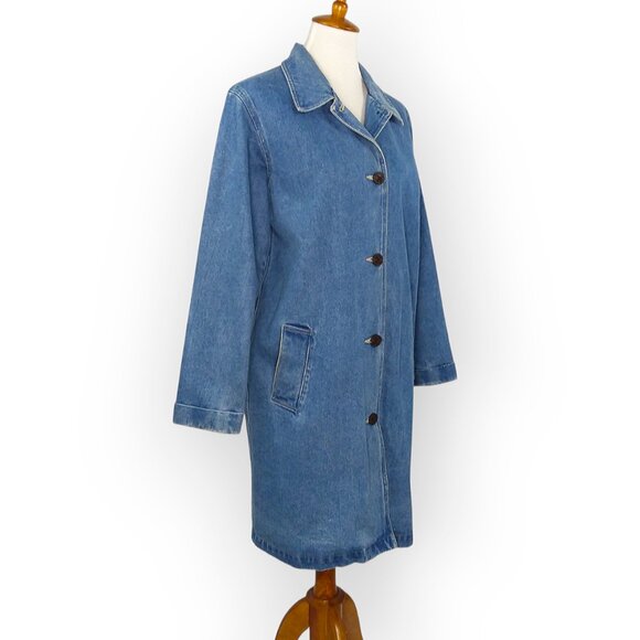 Denim & Co Long Blue Denim Jacket Chore Barn Duster Size Medium Button Front - Picture 4 of 14